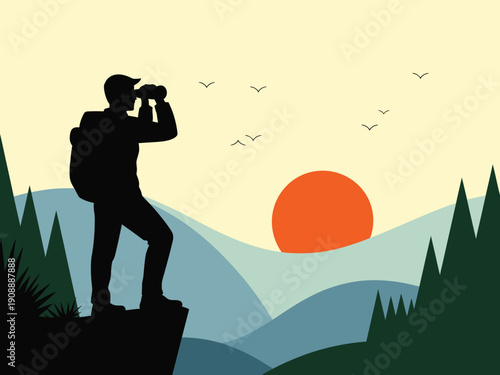 Silhouette of a hiker looking through binoculars on a mountain peak at sunrise.