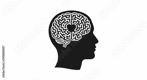 Silhouette of a head with a stylized maze-like brain, symbolizing complexity and connection of thoughts.