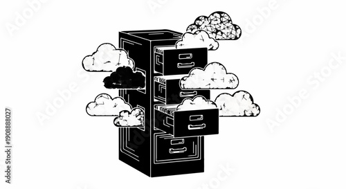 Filing cabinet with open drawers surrounded by cartoon clouds, symbolizing cloud storage or data organization.