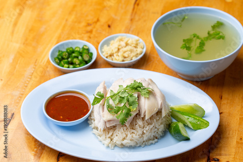 Thai Hainanese Chicken Rice with Crispy Chicken and Dipping Sauce