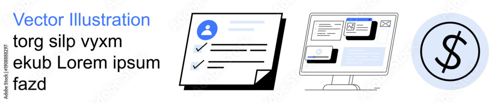 Fototapeta premium Identity verification, financial transactions, data security, digital platforms, authentication, online services. Documents, computer screen and dollar symbol. Identity verification and financial