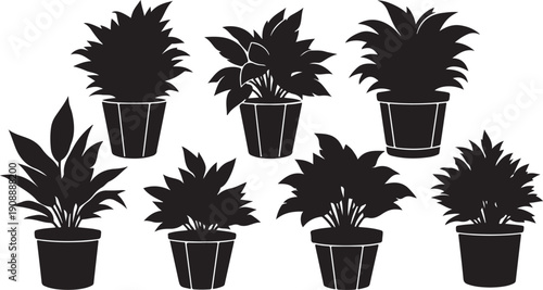 Black silhouettes of various potted plants on white background