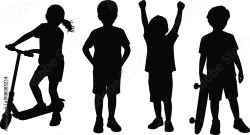 Children silhouette vector set, kids playing scooter and holding skateboard isolated black figures collection for youth activity lifestyle design