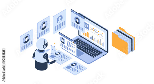 AI Robot Analyzing Data on Laptop with Documents and Folder.