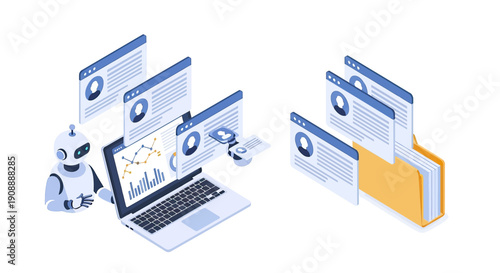 AI Robot and Laptop with Data Analysis and Document Management.