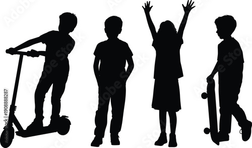 Children silhouettes vector collection, kids playing scooter and holding skateboard isolated black figures for active youth lifestyle design