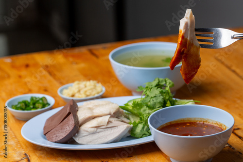 Thai Hainanese Chicken Rice with Crispy Chicken and Dipping Sauce