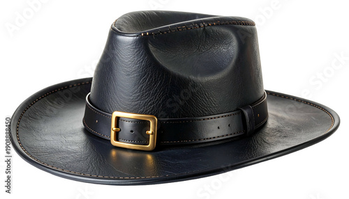 A glossy black leather hat with a buckle closure and stitched detailing, isolated