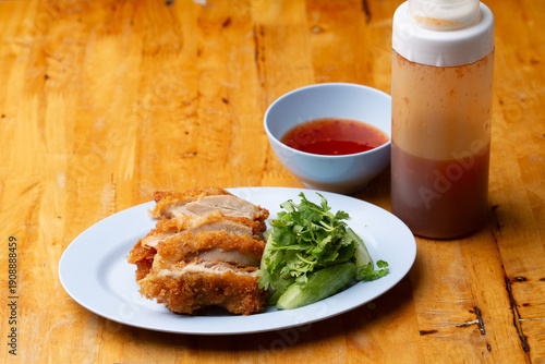 Thai Hainanese Chicken Rice with Crispy Chicken and Dipping Sauce