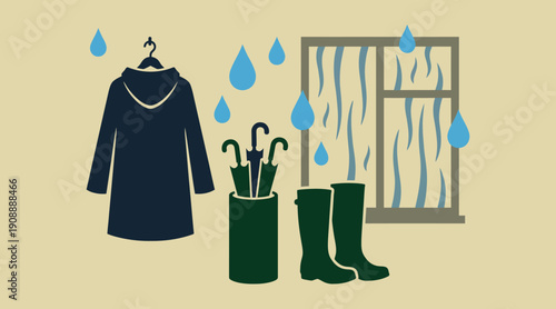Rainy weather vector illustration with hanging raincoat, umbrella stand and rubber boots.