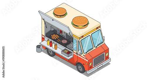 Isometric food truck serving delicious street food on a white background.