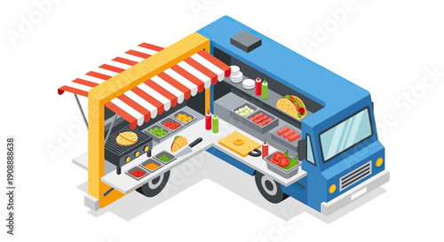 Isometric Food Truck Serving Delicious Street Food.