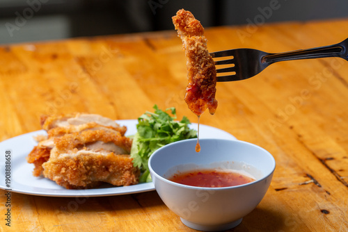 Thai Hainanese Chicken Rice with Crispy Chicken and Dipping Sauce