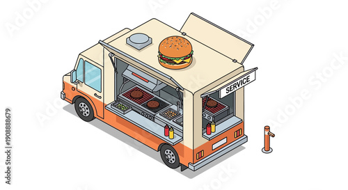 Isometric Food Truck with Burger on Top and Open Service Window.