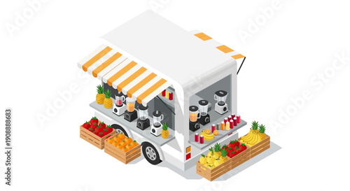 Isometric Food Truck with Fresh Produce and Dairy Products.