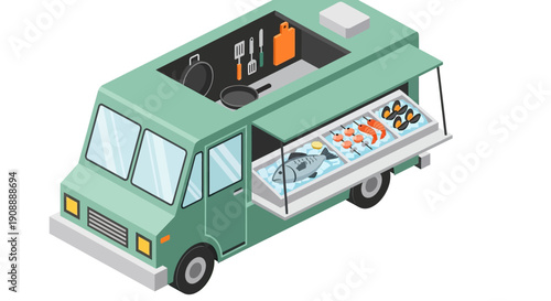 Isometric Food Truck with Fresh Seafood Display and Cooking Equipment.