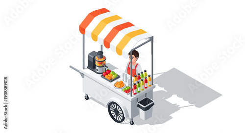 Isometric Street Food Cart with Vendor Selling Snacks and Drinks.