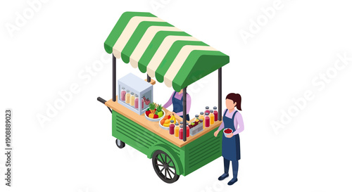 Isometric Street Food Cart with Vendors Selling Fresh Produce and Beverages.