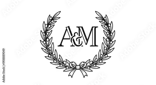 Elegant laurel wreath with ribbon and monogram AM