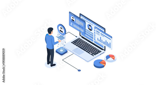 Man interacting with laptop and data visualization in isometric view.