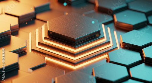 Abstract futuristic hexagonal technology background with glowing layered metallic tiles, representing digital network, data connectivity, innovation, artificial intelligence, and modern science visual