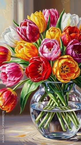 Vibrant Tulip Bouquet: A captivating display of colorful tulips, their delicate petals arranged in a clear glass vase, radiating joy and elegance. 