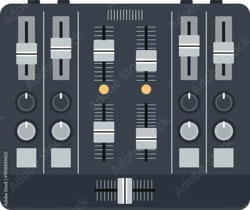 Audio mixer console with sliders, knobs, and buttons for sound engineering and music production