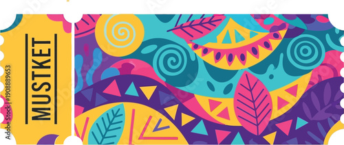 Abstract patterned mustket ticket, vibrant colors, tropical leaves, geometric shapes, concert entry voucher