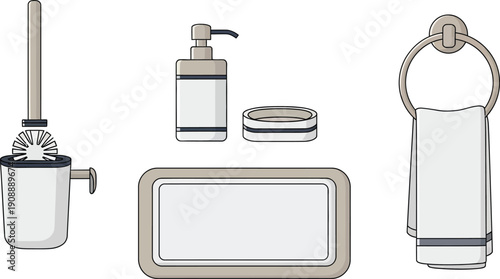 Bathroom set toilet brush holder soap dispenser soap dish towel ring with towel illustration