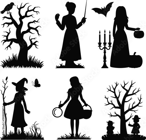 Halloween silhouette vector set, witch, spooky tree, bat, pumpkin and children trick or treat figures isolated on white background illustration