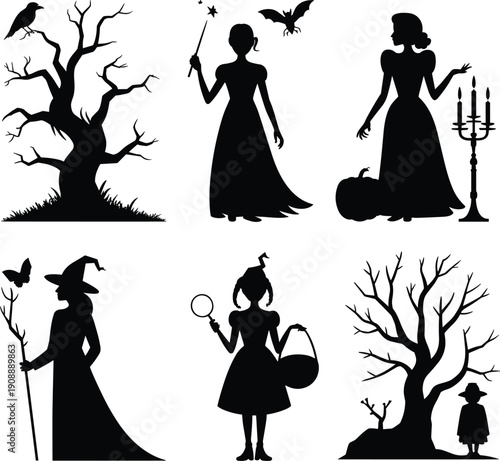 Halloween witch silhouette vector set, spooky tree, bat, pumpkin, candelabra and magical female characters isolated on white background illustration collection