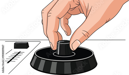 Hand adjusting DJ knob on sound mixer for music control, DJing at party or event with audio equipment