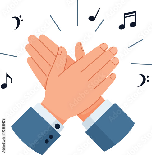 Hands clapping illustration, applause with musical notes and symbols, praise and ovation, concert performance event