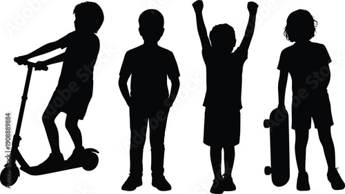Kids silhouette collection vector illustration, children playing scooter and skateboard isolated black child figures set for active lifestyle design projects