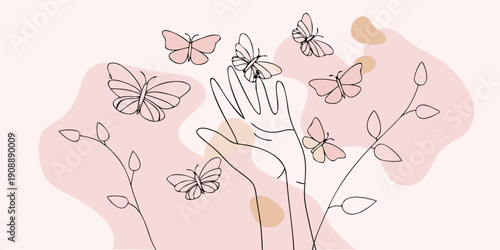 A delicate hand reaching towards fluttering butterflies and floral stems