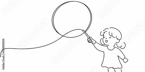 A simple line drawing of a child holding a balloon on a string
