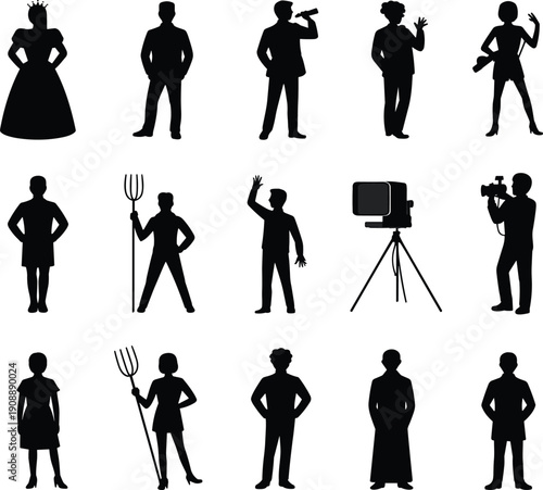 People profession silhouettes vector collection, diverse male and female characters including queen, businessman, reporter, farmer and cameraman isolated black figures set