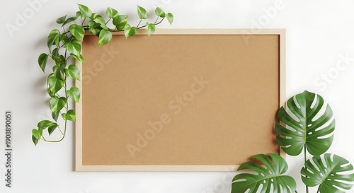 Brown bulletin board with lush green plants on a white wall