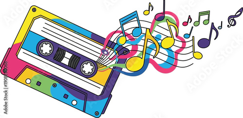 Retro cassette tape with colorful musical notes illustration of eighties pop culture music background vintage nostalgia