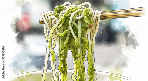 Watercolor illustration of rice noodles with green curry on chopsticks