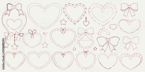 Collection of hand drawn pink heart and bow sketches on a white background
