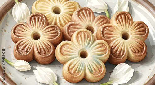 Close up watercolor of Kleeb Lamduan flower cookies and jasmine