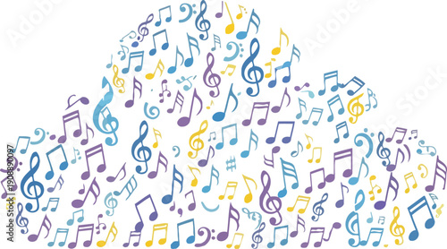 Scattered musical notes and clef symbols in colorful pastel shades creating dynamic sound composition vector background