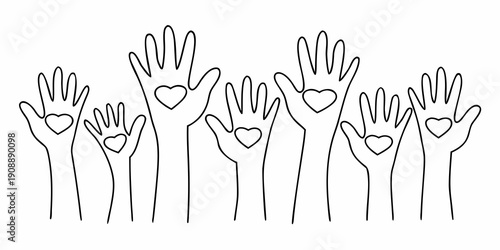 A group of hands reaching up several forming heart shapes