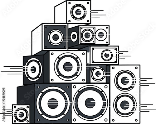 Stack of loud speakers, sound system equipment, music festival audio setup, concert entertainment technology