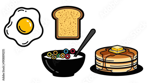 A breakfast scene featuring pancakes, egg, toast, and cereal in a bowl, presented in a simple illustration style from a straightforward viewpoint.