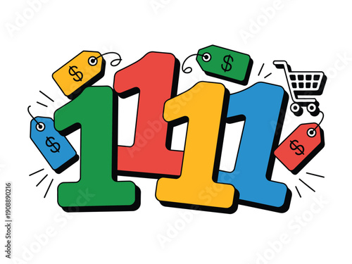 Colorful numbers 111 are surrounded by shopping tags and a small shopping cart, symbolizing sales and discounts.