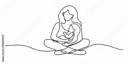 A continuous line drawing depicting a mother lovingly cradling her baby