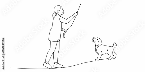 Continuous line drawing of a woman walking a beagle on a leash