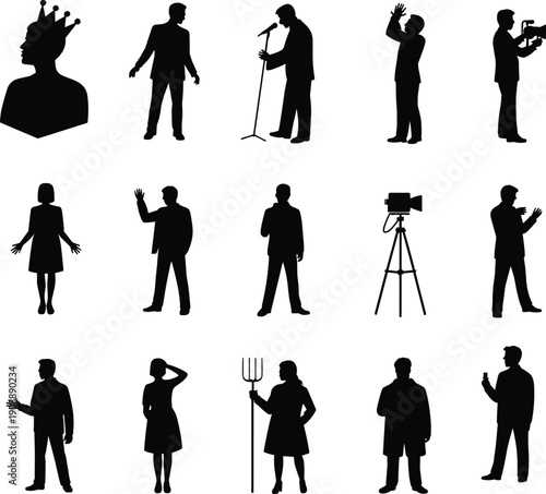 Professional people silhouettes vector collection, diverse male and female occupations including queen, speaker, reporter, farmer and cameraman black isolated set